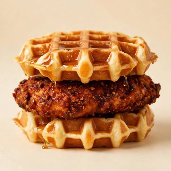 Chicken & Waffles Breakfast Sandwich w/ Spicy Filet, illustrated artwork created for Menuu Guide